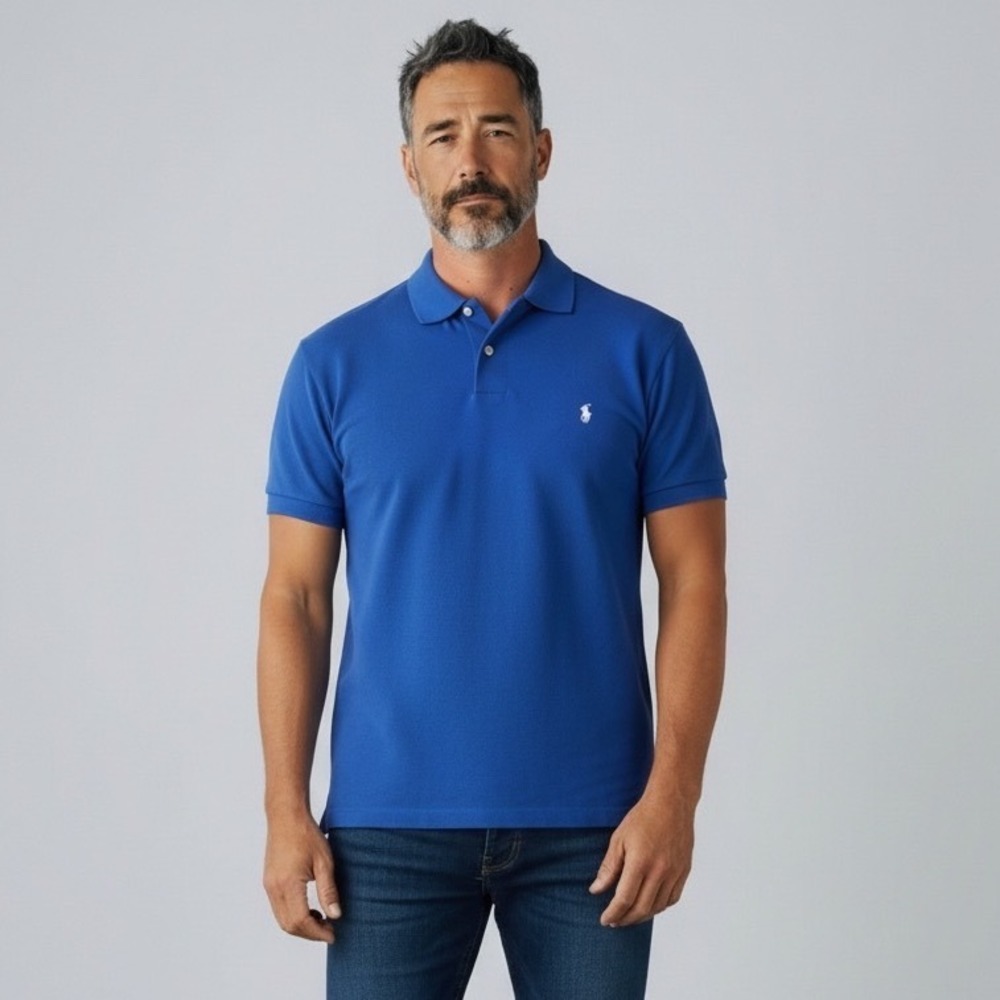 Polo Ralph Lauren Mens Large Royal Blue Short Sleeve Pique Polo White Pony Logo